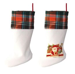 Sublimation Plaid Christmas Christmas Linnen Witte Candy Sokken Santa Claus Gift Bag Xmas Tree Oranment Festival Supplies voor Kid SN2876