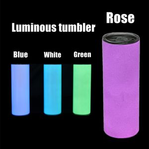 Sublimación Rose Glow Tumbler Luminoso 20 oz Taza recta Piezas de goma Paja de metal Taza de café de acero inoxidable Transferencia térmica Botella de agua A02