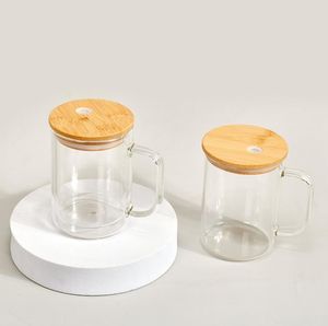 Verre de boule de neige de sublimation Tasses à café en verre de sublimation de 15 oz avec couvercle en bambou Tasse en verre à double paroi Verre à bière givré clair Verres à boire clairs SN4535