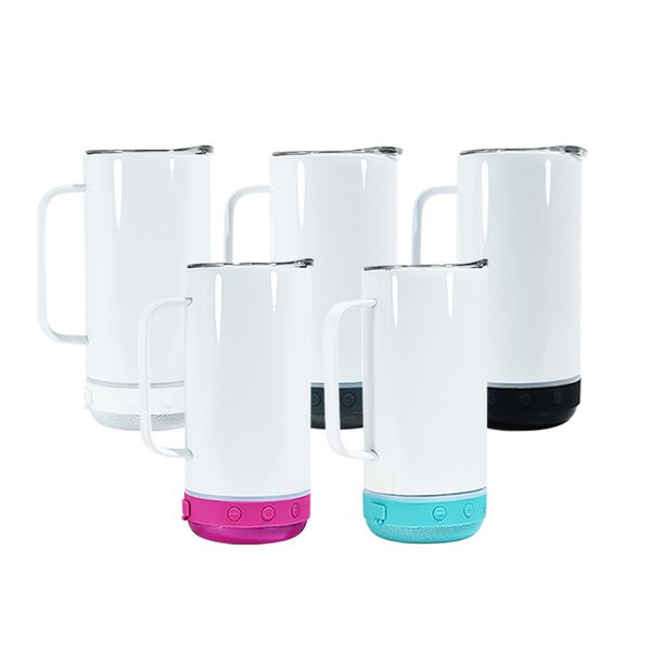 Gobelet de haut-parleur Bluetooth à sublimation de 14 oz avec poignée Gobelets minces droits Tasses de musique isolées sous vide en acier inoxydable avec haut-parleur sans fil étanche