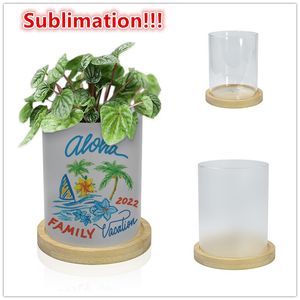 Sublimation Pottes succulentes Pot de planteur à fleurs avec plateau en bambou Vase en verre de plantation pour la décoration de table du bureau à domicile