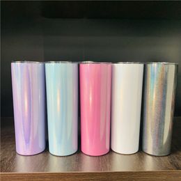 Sublimation Tumbler 20 oz Glitter Tumblers Tasses en acier inoxydable Skinny Tumber Rainbow Tumblers Isolation sous vide Bière Tasse à café avec paille