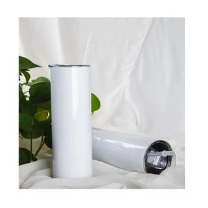 Sublimatie bekers 20oz roestvrij staal dubbelwandig geïsoleerde rechte lege witte waterbeker met deksel en rietje voor warmteoverdracht