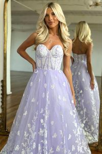 Impresionantes vestidos de fiesta de color lila con apliques de mariposa blanca Vestidos de fiesta de noche largos de tul sin espalda con escote en V sexy BC18365
