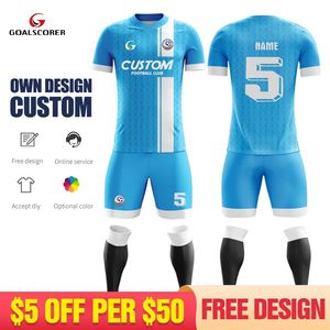 Sublimination Custom Sky Blue Imprimerie courte à manches courtes Soccer Uniform Adults Football Culb Jersey Set avec Broidered W011 240430