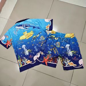 Submarine World Print Fin Tissu mince short bleu ensemble