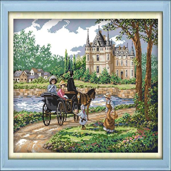 Paysage de banlieue château sortie décor à la maison peinture à la main point de croix broderie couture ensembles compté impression sur toile DMC 1175W