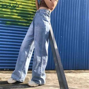 SUCHCUTE taille haute jean femmes pantalon à jambes larges grande taille Punk Style coréen pantalon décontracté Harajuku femme Joggers 210922