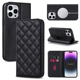 Suck Closure Leather Wallet Cases voor Iphone 14 Pro Max Plus 13 12 Creditcardsleuf Pocket Holder Stand Checkered Diamond Grain Luxe Magnetic Flip Cover Phone Pouch