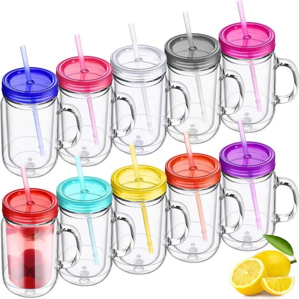 Suclain Lot de 10 pots à bouche avec poignées, couvercles et pailles, gobelet double isotherme de 20 oz avec paille, grands bocaux Mason en plastique transparent, tasses pour enfants et adultes, jus de café