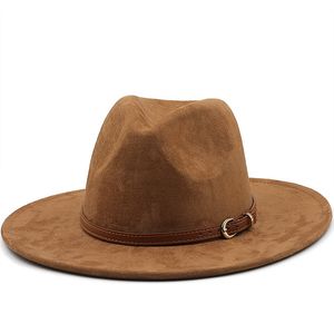 Suede Fedora Hoeden Western Cowboy Hoed Vizier Cap Vrouwen Mannen Bruin Koperen Gesp Riem Jazz Vilten Cap Brede rand Zon Bescherming Hoed