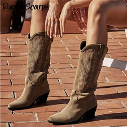Suede Handmade Pointed Natural Leather Women Embroidered Toe Spike Heel Autumn Winter Boots Cowboy Western Retro Botas A