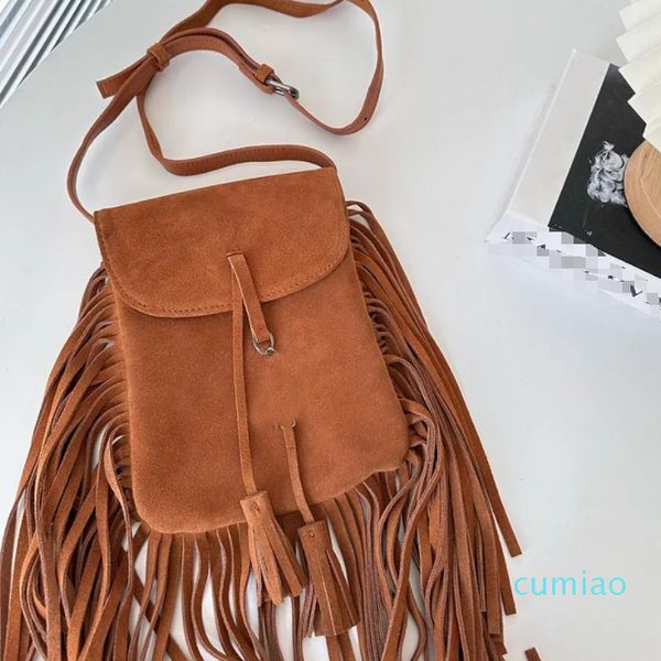 Bolso cruzado de ante con borlas para iPhone, bolso de hombro plano con solapa, bolso de mano para mujer, marrón, negro, glaseado, cuero completo, letra clásica