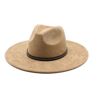 Suède Jazz Fedora Hoeden voor Vrouwen Mannen 9.5 cm Grote Rand Wollen Britse Franse Vilten Cap Dames Elegante Mode ridder Hoge Hoed