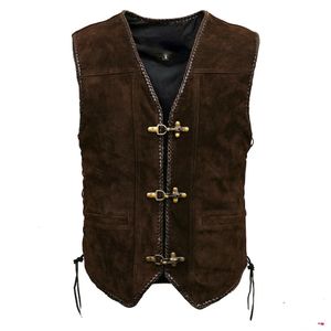 Gilet en cuir suédé marron triple fermoir 240202