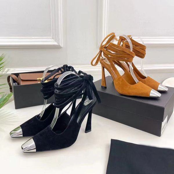 embout en métal en daim pompes formelles chaussures chaussures à talons aiguilles pour femmes 105mm cheville Wraparound lacets Slingbacks chaussures habillées de luxe Designer Banquet