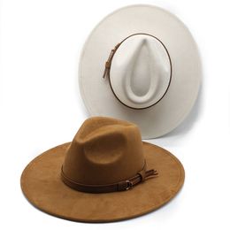 Sombrero de gamuza con forma de corazón de melocotón para mujer, sombreros para misa de Jazz de ala grande de 9,5 cm, elegante gorro de fieltro panamá para fiesta, tocado con cinturón marrón