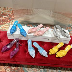 Mules à pantoufles en daim avec boucle carrée, sandales à talons chaton, bouts pointus, femmes stiletto, couleur Dopamine, talons de styliste de luxe, chaussures de fête de bureau, 7cm