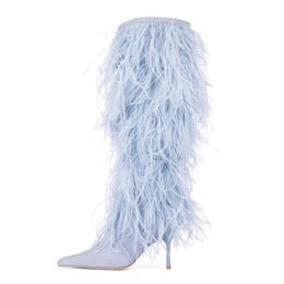 suede Stiletto shipping Tassel Free 2024 high leather heels SHOES pillage toes Thigh-high booties catwalk long knee boots Ostrich feathers cross-tied size 34-43 281 T-