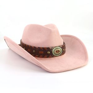 Chapeau haut-de-forme en daim pour hommes et femmes, chapeau de Cowboy occidental à gros bord avec strass, casquette en feutre Trilby, chapeau Fedora de Jazz, chapeau de soleil de chevalier d'extérieur