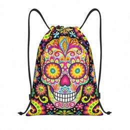 Sugar Skull Day Of The Dead Art Sacs à cordon Portable Gym Sports Sackpack Halen Catholic Floral Shop Sac à dos de rangement z4QJ #