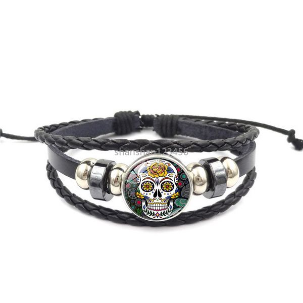 Sugar Skull Ginger Snap Button Chunks Enveloppez le bracelet Cabochon en verre multicouche Bracelet Bangle bracelet Femmes pour enfants Bijoux de mode et sable