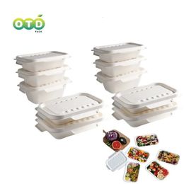 Récipient rectangulaire compostable en Bagasse de canne à sucre avec 2 couvercles, boîte de préparation de repas jetable pour Sushi, plateau alimentaire 240108