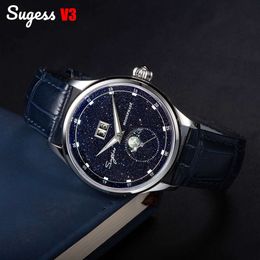 Sugess Moonphase Watch of Men 40 mm Automatique mécanique montre les bracelets Seagul ST2528