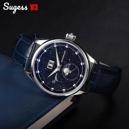 SUGESS MOUNPHASE Watch of Men 40mm Automatic mécanical-bracelet mécaniciens Seagul ST2528 Mouvement en acier inoxydable Blue Sandstone Dial 240425