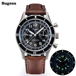 SUGESS Pilot Watch Handwind Chronograph Mécanique Montre à bracelet Mentes Lumineuses Men de squelette Luminal Watchs Crystal Sapphire Leather 240419