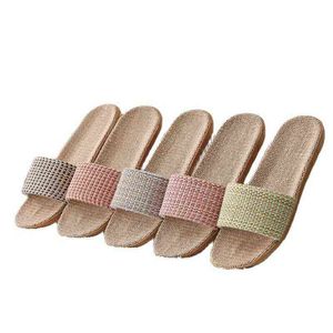 Suihyung femmes lin pantoufles 2021 nouveaux amoureux de l'été chaussures de plage chanvre armure Plaid diapositives décontractées sandales plates dames tongs G220518