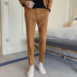 Costume mode hommes robe pantalon couleur unie coupe ajustée pantalons longs peau de cerf Veet hommes affaires pantalon décontracté 317k