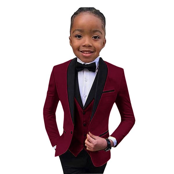 Costume pour garçons enfants mariage smoking formel bordeaux veste ensemble 3 pièces châle revers Blazer gilet pantalon mode enfant Costume