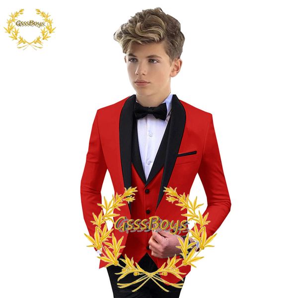 Traje para niños chaqueta roja pantalones chaleco de boda tuxedo 3 piezas para niños blazer set de fiesta de collar de chal