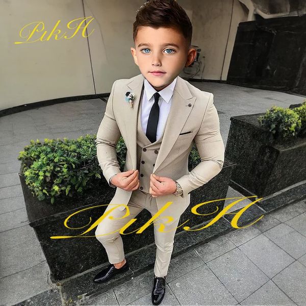 Costume pour garçons, veste de smoking de mariage, gilet et pantalon, 3 pièces, kaki, vêtements complets pour enfants, Blazer, costume pour enfant garcon 240123