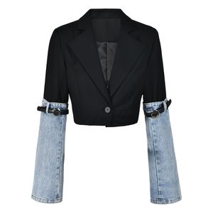 pak voor vrouw zakelijk spijkerjasontwerper jas dames cowboy pak kraag single button verstelbare taille denim patchwork jas s xl jassen dames jasvrouwen