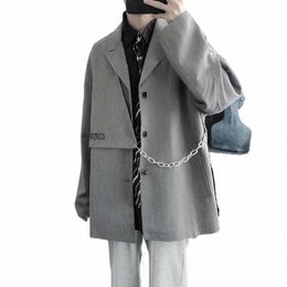 Veste de costume Casual coréen Fi simple boutonnage chaîne Blazers pour hommes Streetwear printemps automne solide Hip Hop Blaser Masculino O4Mg #