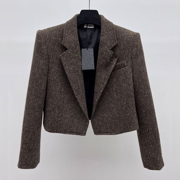 Precio bajo, chaqueta de traje con broche, patrón de espiga, lana, traje pequeño, Chaqueta corta a cuadros vintage de alta gama de invierno para mujer