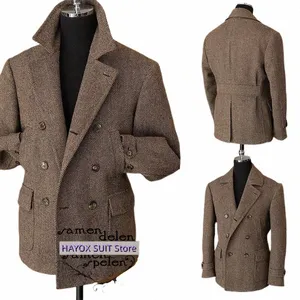 Veste de costume pour hommes, manteau ceinturé, hareng, double boutonnage, Vintage, marron, Tweed, veste de costume pour hommes, Slim, décontracté, pour banlieue, W7WQ #