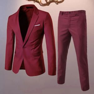 Pak Jacket Pants Set Stijlvolle heren zakelijke revers revers Lapel Single Button Coat Slim passend met zakken werkkleding voor een 240515
