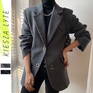 Costume Veste Femmes Mode Solide Noir Gris Bouton Métallique Manteau De Laine Femme Bureau Porter Costumes Blazer 210608