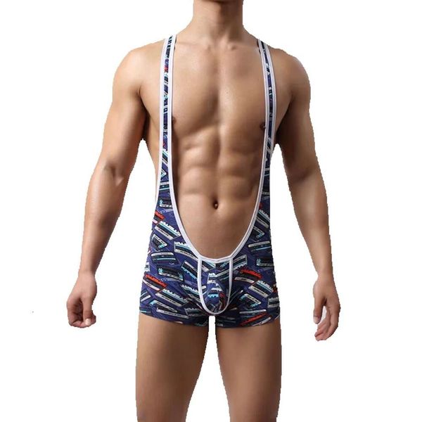 Costume combinaison Sexy hommes lutte B sous-vêtements hommes Singlet maillot de corps Gay homme bleu imprimé body Mankini maillot de bain justaucorps sous-vêtements lue odysuit kini s