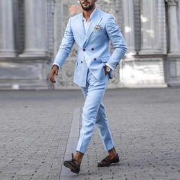 Costume homme Blazer et pantalon bleu solide double boutonnage OL tenue de bureau mode 2021 automne hommes ensembles homme Blazer vêtements X0909
