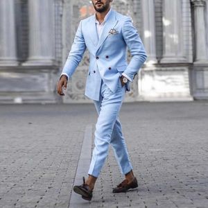 Pak Mannelijke Blazer en Broek Blauwe Solid Double-Breasted Ol Office Wear Fashion 2021 Herfst Heren Sets Mannelijke Blazer Clothing X0909