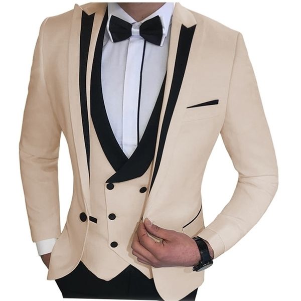 Costume Hommes 2 Pièces Slim Fit Business Casual Notched Revers Groomsmen Beige / Noir / Gris Tuxedo pour mariage (veste + pantalon) 201105