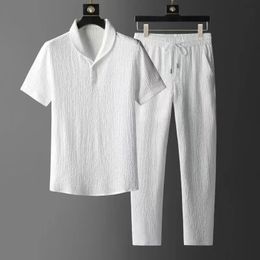 Traje para hombres primavera verano manga corta highend casual coreano coreano delgada drepiece set pantalones con cordón