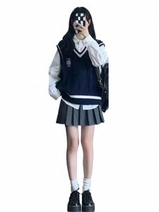 pak Studenten V-hals Herfstvest Shirt Geplooid Koreaanse meisjeskleding Preppy set Grijs Nieuw stuk met mouwen Gebreid 3 Lg-stijl 06hN #