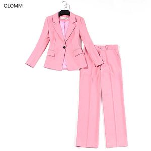 Pak pak vrouwelijke wijde been broek roze slanke jas broek professionele tweedelige herfst dameskleding 210527