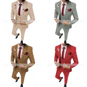Pak zomer 3 stuks heren bruin plaid slanke fit pakken bruidegom tweed wol smoking voor bruiloftsjacht broek vest 201105 s