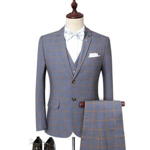 Pak vest broek 3 stks set heren business casual plaid groomsman blazers vest jurk drie stuk slim fit bruiloft jas x0909